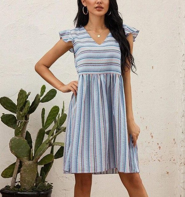 Summer Casual Striped Low Cut Elastic Waist Short Sleeve Women Summer Dress Sexy Women Dress - Takalr