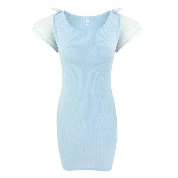 Summer Clothing Sexy Blue Round Neck Lace Patchwork Bow Short Sleeve Women Dress Sexy Drss Bodycon Dress - Takalr