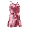 Summer Dress Casual Halter Lace Up Red Striped Eastic Waist Patchwork Bandage Mini Dress  Women Dress - Takalr