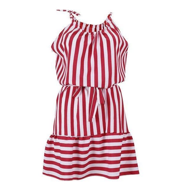 Summer Dress Casual Halter Lace Up Red Striped Eastic Waist Patchwork Bandage Mini Dress  Women Dress - Takalr