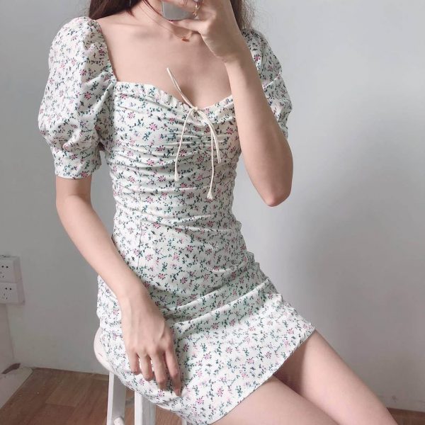 Summer Dress Retro Boho Women Tie Neck Floral Print Floral Mini Sexy White Dress Elegant Puff Sleeve Dresses Korean Vestidos - Takalr