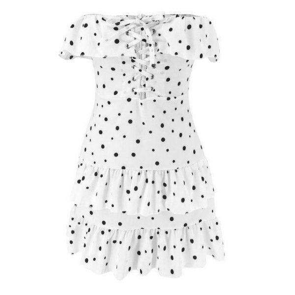 Summer Dress Sexy Polka Dot Off Shoulder Ruffled White Sleeveless Hollow Out Bandage Women Dress  Mini Dress - Takalr