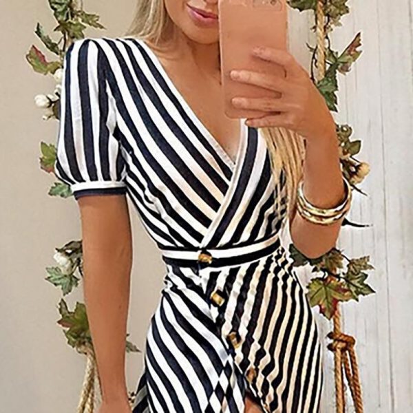 Summer Empire Button Women Dress Stripe Print Deep V Neck Short Sleeve Dress Slim High Slit Casual Maxi Dresses  Robe Femme - Takalr