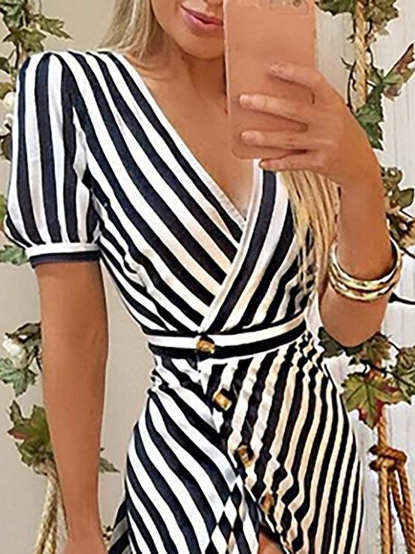 Summer Empire Button Women Dress Stripe Print Deep V Neck Short Sleeve Dress Slim High Slit Casual Maxi Dresses  Robe Femme - Takalr