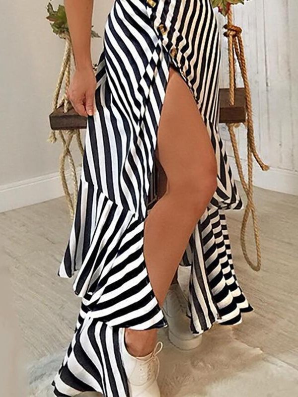 Summer Empire Button Women Dress Stripe Print Deep V Neck Short Sleeve Dress Slim High Slit Casual Maxi Dresses  Robe Femme - Takalr