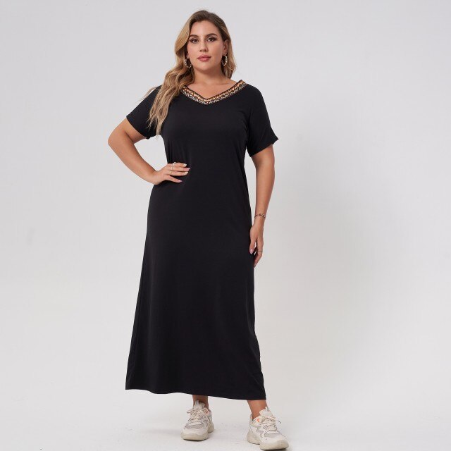 Summer Long Dress Plus Size Women Black Solid Color Webbing V-neck Short-sleeved Loose Casual Party Large Maxi Dresses - Image 5