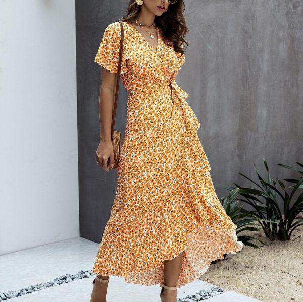 Summer Maxi Dress Women Polka Dot Sexy V Neck Ruffles Short Sleeve Holiday Long Beach Sundress Ladies Lace Up Wrap Party Dresses - Takalr