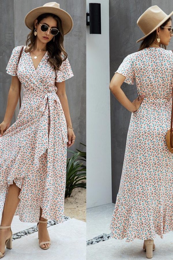 Summer Maxi Dress Women Polka Dot Sexy V Neck Ruffles Short Sleeve Holiday Long Beach Sundress Ladies Lace Up Wrap Party Dresses - Takalr