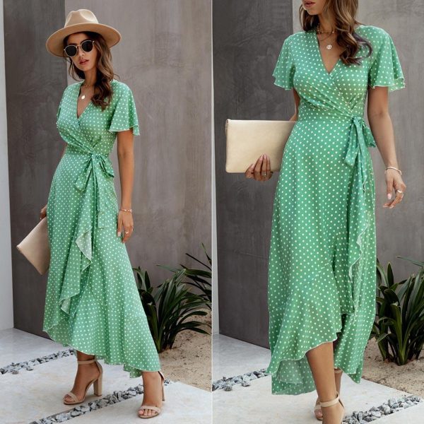 Summer Maxi Dress Women Polka Dot Sexy V Neck Ruffles Short Sleeve Holiday Long Beach Sundress Ladies Lace Up Wrap Party Dresses - Takalr