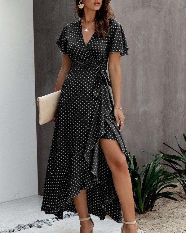 Summer Maxi Dress Women Polka Dot Sexy V Neck Ruffles Short Sleeve Holiday Long Beach Sundress Ladies Lace Up Wrap Party Dresses - Takalr