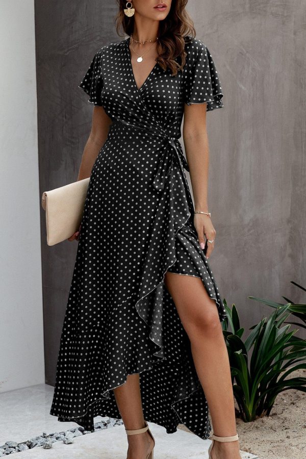 Summer Maxi Dress Women Polka Dot Sexy V Neck Ruffles Short Sleeve Holiday Long Beach Sundress Ladies Lace Up Wrap Party Dresses - Takalr