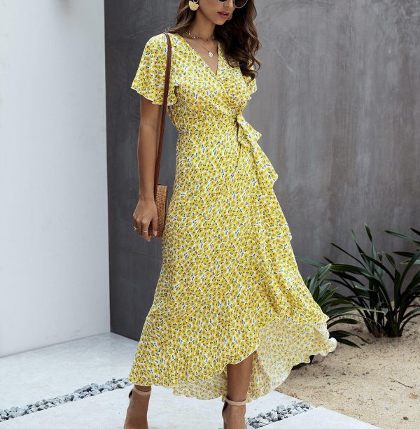 Summer Maxi Dress Women Polka Dot Sexy V Neck Ruffles Short Sleeve Holiday Long Beach Sundress Ladies Lace Up Wrap Party Dresses - Takalr