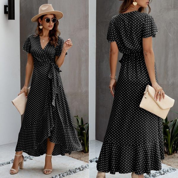 Summer Maxi Dress Women Polka Dot Sexy V Neck Ruffles Short Sleeve Holiday Long Beach Sundress Ladies Lace Up Wrap Party Dresses - Takalr