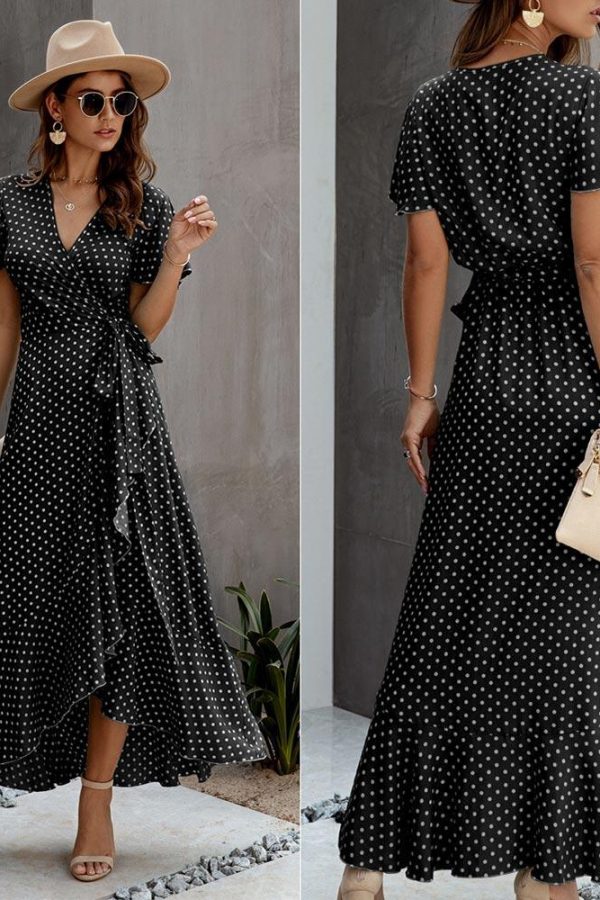 Summer Maxi Dress Women Polka Dot Sexy V Neck Ruffles Short Sleeve Holiday Long Beach Sundress Ladies Lace Up Wrap Party Dresses - Takalr