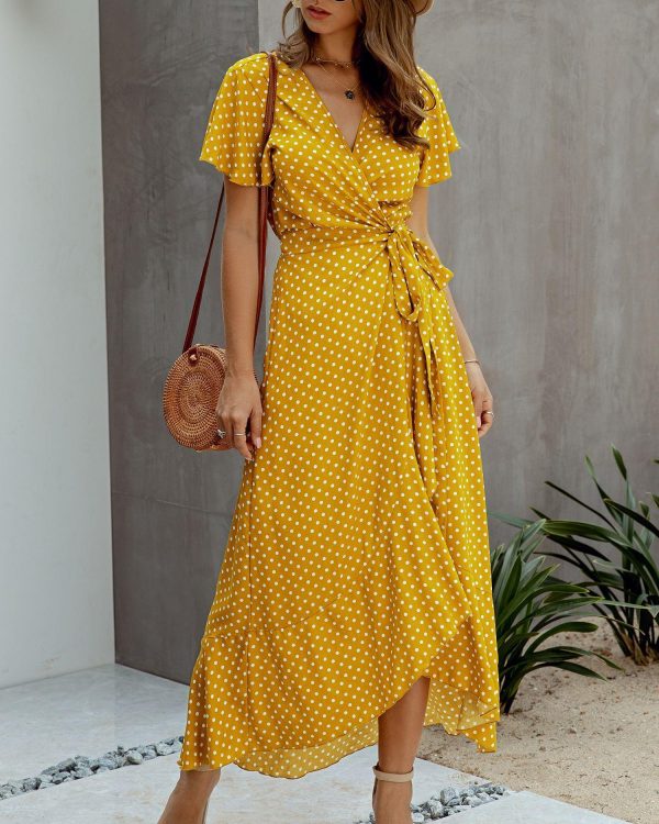 Summer Maxi Dress Women Polka Dot Sexy V Neck Ruffles Short Sleeve Holiday Long Beach Sundress Ladies Lace Up Wrap Party Dresses - Takalr