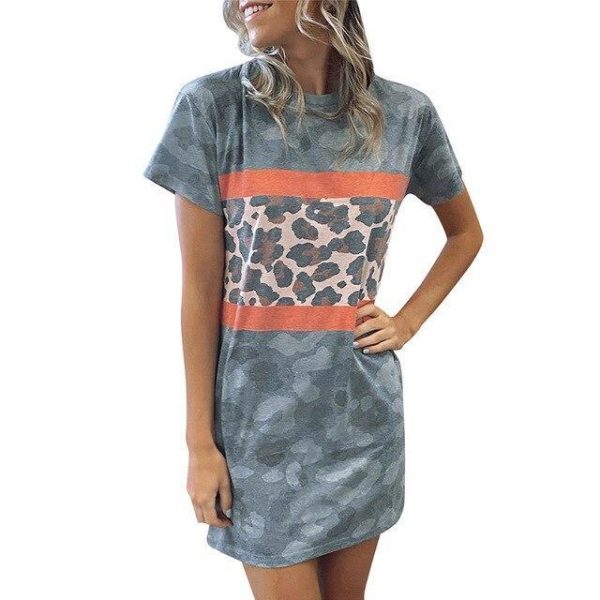 Summer Mini Shirt Dress Women Casual Camouflage Leopard Printed Round Neck Short Sleeve Women Mini Dress Sexy Dress - Takalr