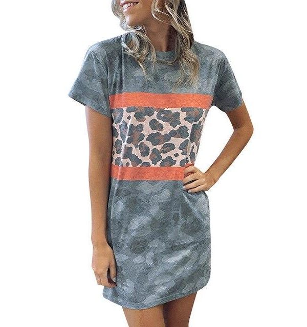 Summer Mini Shirt Dress Women Casual Camouflage Leopard Printed Round Neck Short Sleeve Women Mini Dress Sexy Dress - Takalr