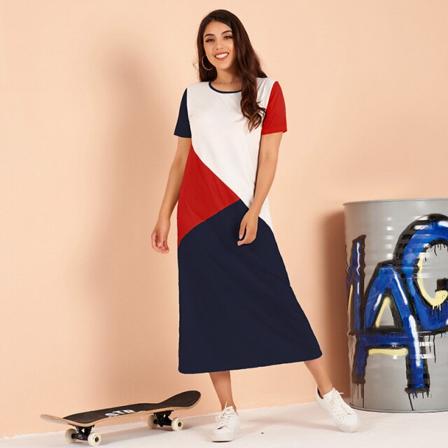 Blue Round Neck Short-sleeved Geometric Color Matching Stretch Large Size Ins Wind T-shirt Dress - Image 3