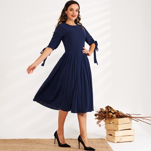 Summer New Fashion Women's Dress Waist Solid Color Round Leader Hollow Pearl Bow Decoration Ol Sweet All-match Dress - Image 8