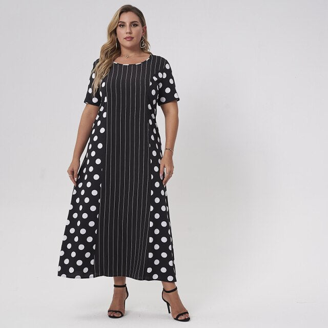 Large Size Loose Casual Round Neck Short Sleeve Stitching Polka Dot Stripe A-line Black Long Dres - Image 5