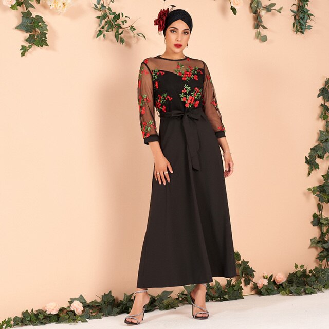 Ladies Embroidery Mesh Color Matching Waist Long-sleeved Arab Dress Banquet Dress Long Black Dress - Image 3