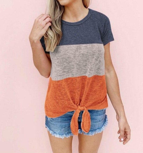 Summer Patchwork T Shirt Korean Style Women Clothes Short Sleeve O Neck Shirts Tunic Lace Up Tops Casual Loose Tshirt Streetwear - Takalr