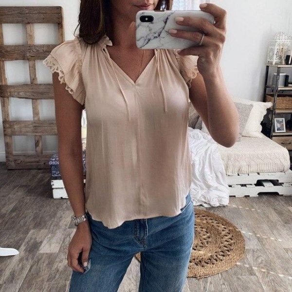 Summer Sexy Beige T Shirt Women Korean Clothes Short Sleeve Lace V Neck Bandage Shirts Elegant Lady Tshirt Casual Top Streetwear - Takalr