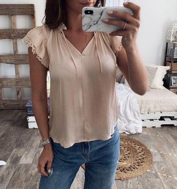 Summer Sexy Beige T Shirt Women Korean Clothes Short Sleeve Lace V Neck Bandage Shirts Elegant Lady Tshirt Casual Top Streetwear - Takalr