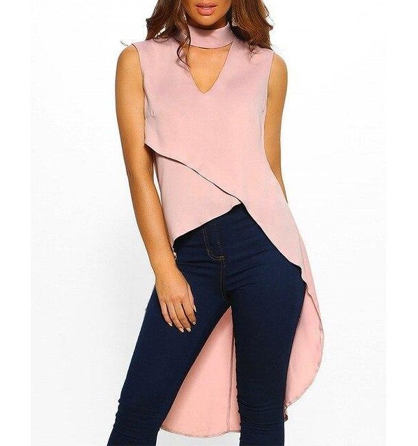 Summer Sexy Fashion Pink Chiffon Tops Sleeveless Halter Tank Top Elegant Women Irregular Clothes Casual Long Shirt Streetwear - Takalr