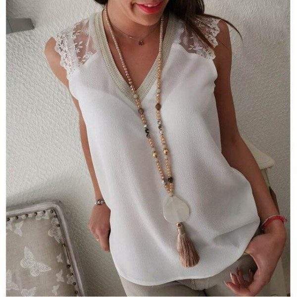 Summer Sexy Fashion White Lace Chiffon Tops Sleeveless V Neck Tank Top Elegant Women Clothes Casual See Through Shirt Streetwear - Takalr