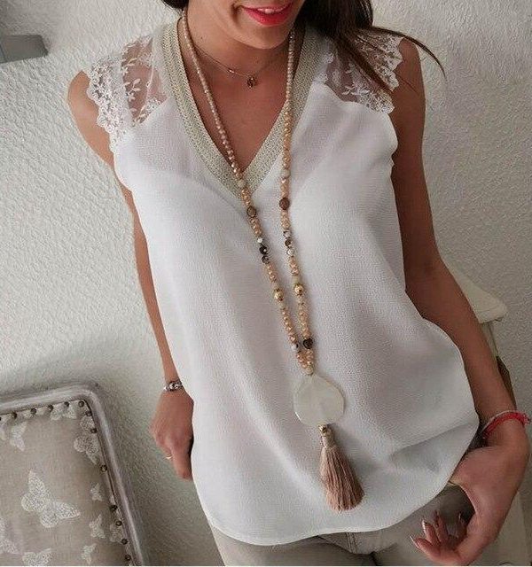 Summer Sexy Fashion White Lace Chiffon Tops Sleeveless V Neck Tank Top Elegant Women Clothes Casual See Through Shirt Streetwear - Takalr