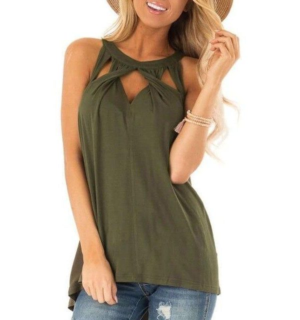 Summer Sexy Gray Army Green T Shirt Women Clothes Sleeveless Tops Halter Hollow Out Tshirt Tee Shirt Femme Casual Streetwear - Takalr