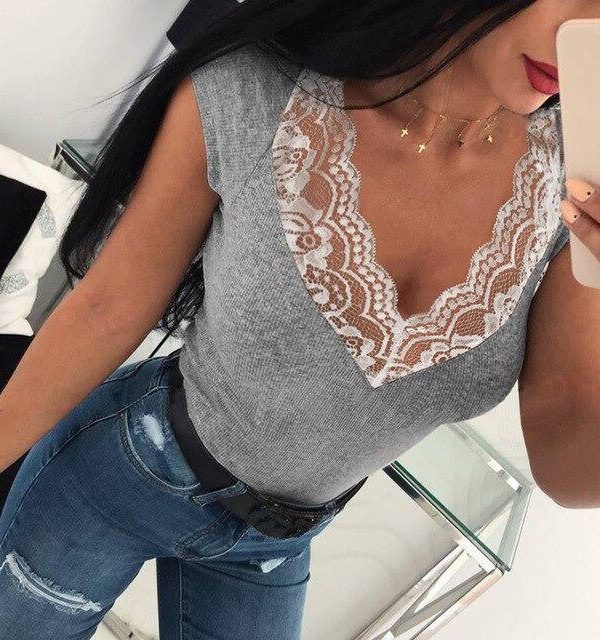 Summer Sexy Gray Lace Patchwork T Shirt Women Clothes Short Sleeve V Neck Tshirt Skinny Tops Tee Shirt Femme Casual Streetwear - Takalr