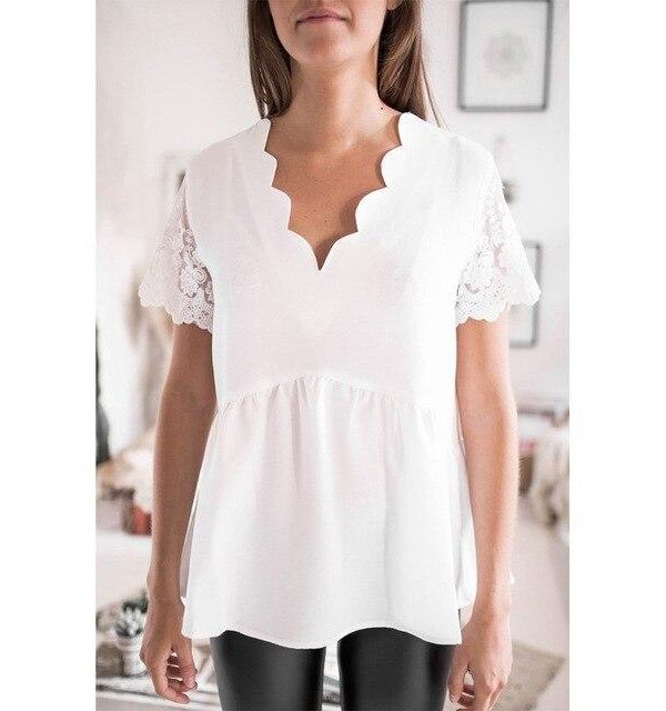 Summer Sexy White Lace Patchwork T Shirt Women Clothes Short Sleeve Wave Petal Collar V Neck Tops Korean Sweet Tshirt Streetwear - Takalr