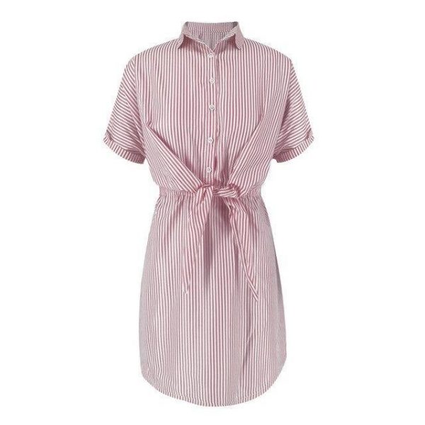 Summer Streetwear Casual Women Blue Pink Striped Turndown Collar Lace Up Women  Dress Summer Shirt Dress Short Sleeve Dress - Takalr