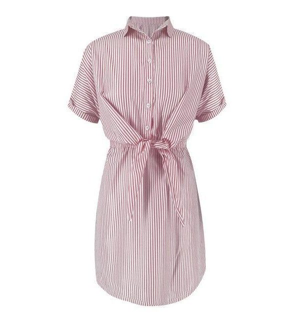 Summer Streetwear Casual Women Blue Pink Striped Turndown Collar Lace Up Women  Dress Summer Shirt Dress Short Sleeve Dress - Takalr