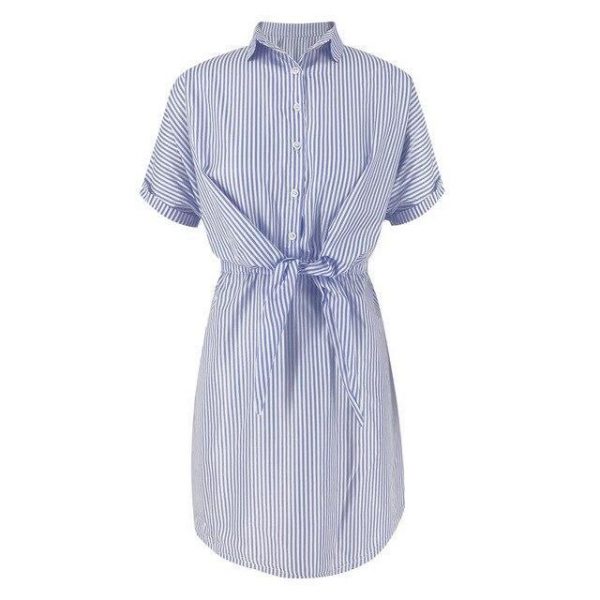 Summer Streetwear Casual Women Blue Pink Striped Turndown Collar Lace Up Women  Dress Summer Shirt Dress Short Sleeve Dress - Takalr