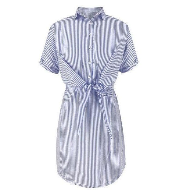 Summer Streetwear Casual Women Blue Pink Striped Turndown Collar Lace Up Women  Dress Summer Shirt Dress Short Sleeve Dress - Takalr