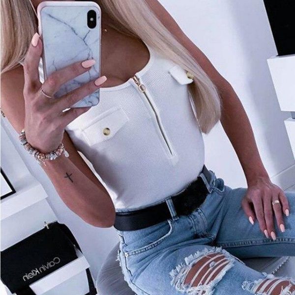 Summer T Shirt Solid Color Sleeveless Zipper Women Tshirt Casual Women Tops Tank Tops Women Camis - Takalr