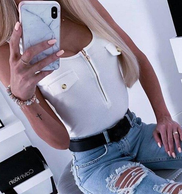 Summer T Shirt Solid Color Sleeveless Zipper Women Tshirt Casual Women Tops Tank Tops Women Camis - Takalr