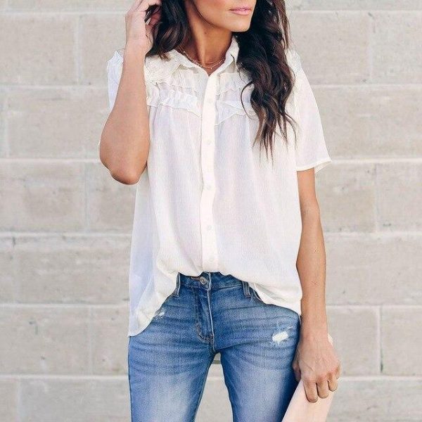 Summer White Short Sleeve Ruffle Blouse Women Clothes Office Ladies Tops Korean Fashion Clothing Casual Loose Shirt Streetwear - Takalr