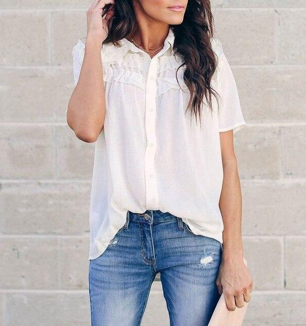 Summer White Short Sleeve Ruffle Blouse Women Clothes Office Ladies Tops Korean Fashion Clothing Casual Loose Shirt Streetwear - Takalr