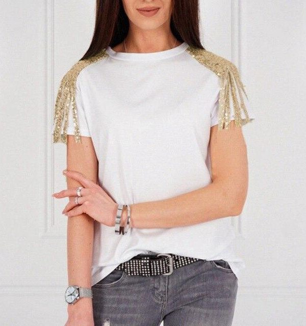 Summer White Tassel Sequin Patchwork T Shirt Women Clothes Short Sleeve O Neck Shirts Sexy Tshirt Casual Tops Fashion Streetwear - Takalr