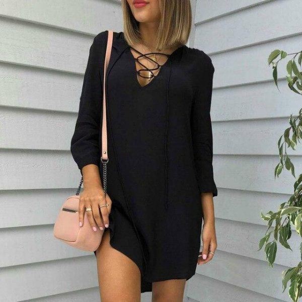 Summer Women Shirt Dress Casual Round Neck Black Long Sleeve Hollow Out Women Dress Summer Dress - Takalr