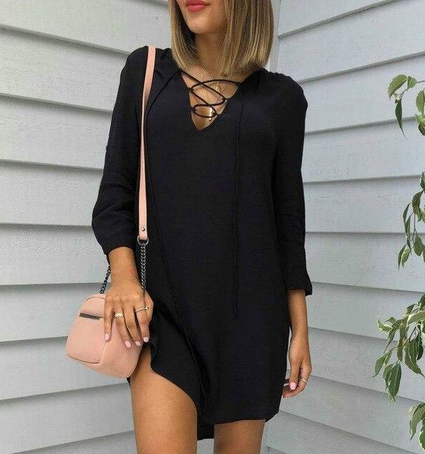 Summer Women Shirt Dress Casual Round Neck Black Long Sleeve Hollow Out Women Dress Summer Dress - Takalr