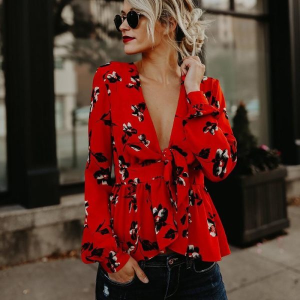 Summer deep v neck blouse for women Elegant flower printed peplum tops puff sleeve ruffles blouse shirts femme top - Takalr