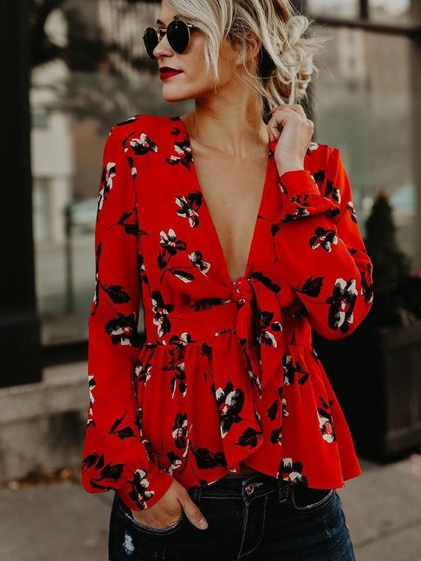 Summer deep v neck blouse for women Elegant flower printed peplum tops puff sleeve ruffles blouse shirts femme top - Takalr