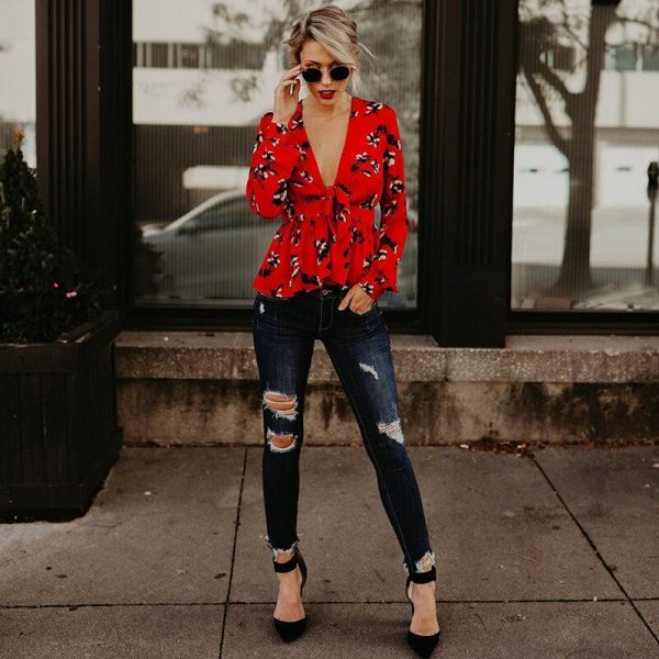 Summer deep v neck blouse for women Elegant flower printed peplum tops puff sleeve ruffles blouse shirts femme top - Takalr