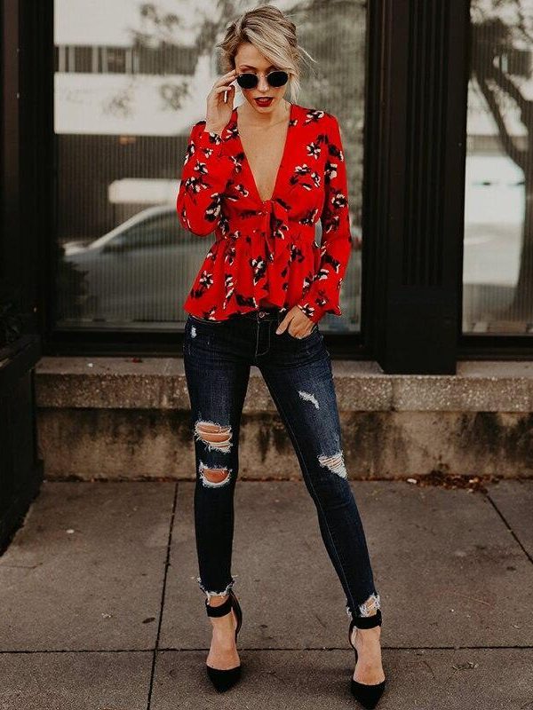 Summer deep v neck blouse for women Elegant flower printed peplum tops puff sleeve ruffles blouse shirts femme top - Takalr