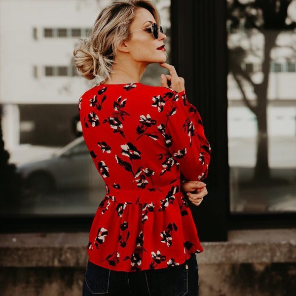 Summer deep v neck blouse for women Elegant flower printed peplum tops puff sleeve ruffles blouse shirts femme top - Takalr